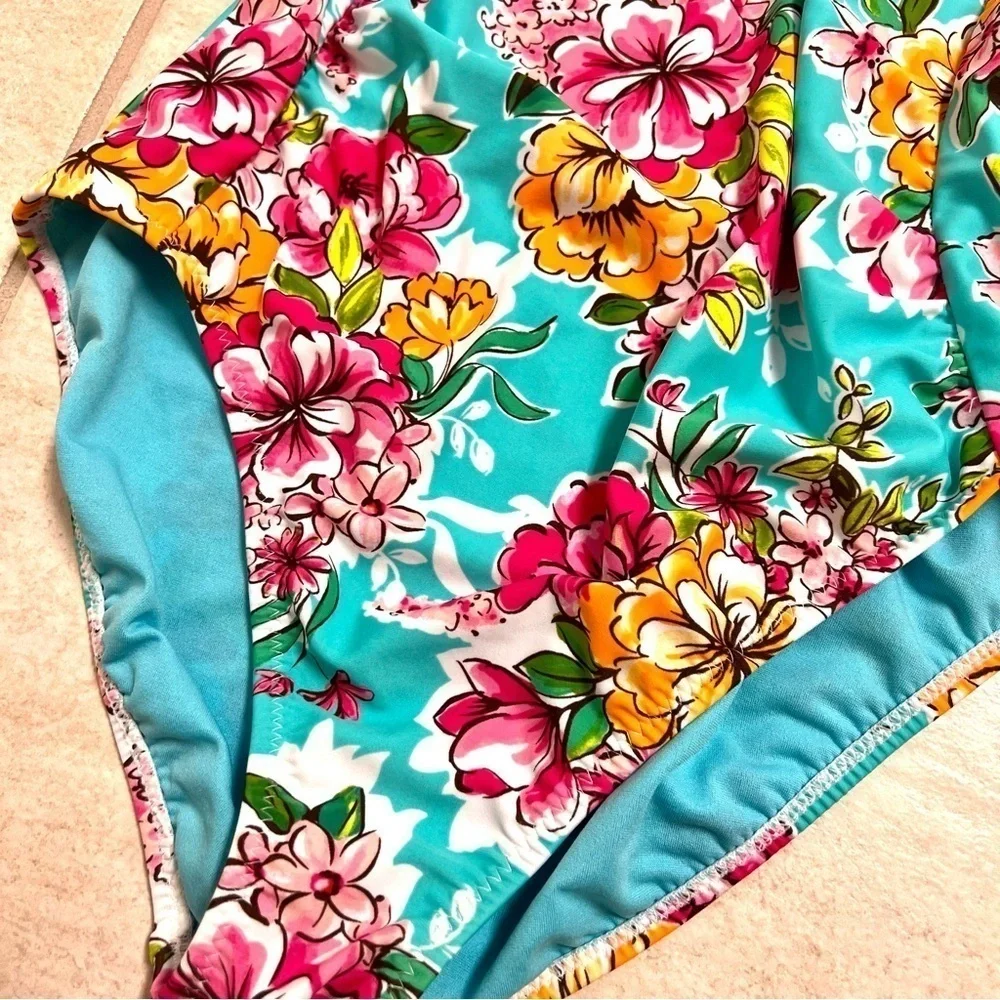 Leilani Push up Swimsuit Turquoise Blue Zinnias Floral women’s 10 multiple ways